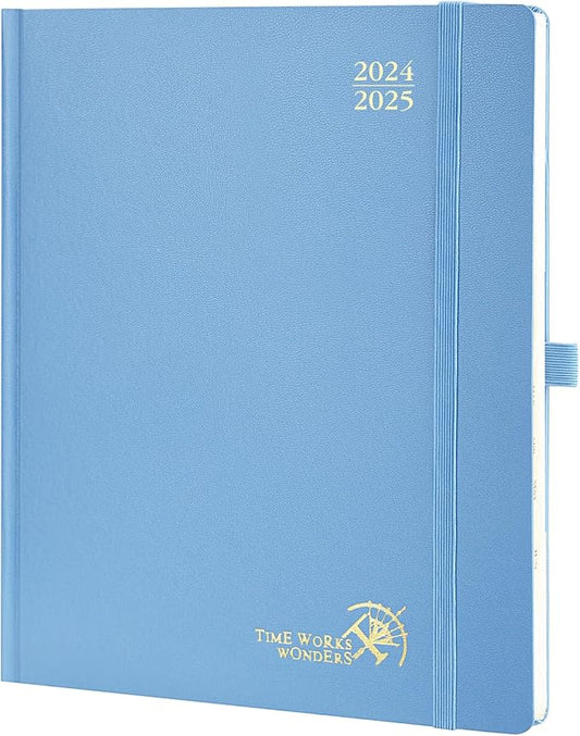 POPRUN Planner 2024-2025, [Large 8.5'' x 10.5'' Hard Cover] Academic Calendar (July 24-June 25) Daily Weekly and Monthly Appointment Book with Hourly Time Slots, Monthly Tabs, 100 GSM - Haze Blue