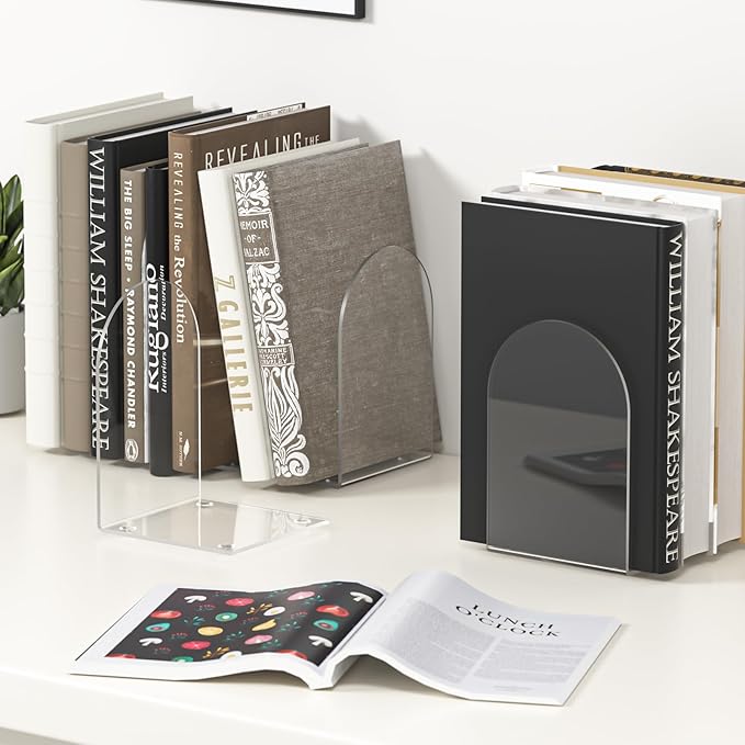Acrylic Bookends 4 Pieces, Book Ends for Shelves, Clear Bookends for Book Shelves and Desktop Organizer, Transparent Bookends to Hold Books for Home Office Supplies