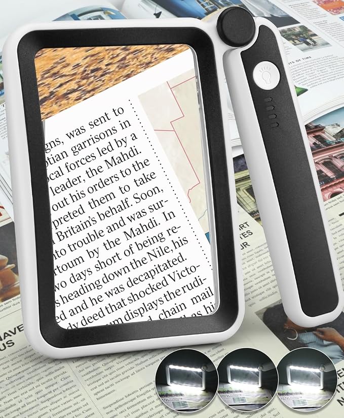 Magnifying Glass for Reading, Rechargeable 5X Large Page Magnifier with Light, Folding Handheld Dimmable Rectangle Lighted Magnifier for Reading Book Small Print for Seniors Low Vision, Black White