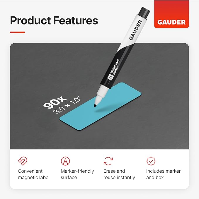 GAUDER Magnetic Dry Erase Labels | 90x Magnetic Labels (3 Inches x 1 Inch) | Dry Erase Magnets for Classroom, Whiteboard and Blackboard