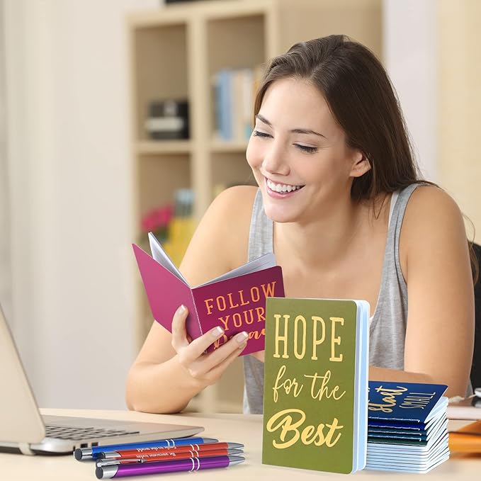 Funrous 32 Pcs Motivational Quote Pens Inspirational Notepads Mini Journal with Ballpoint Pen Small Notebooks Gift Set for Men Women Coworkers, Adult Party Favors Prizes Gift Bulk(Simple)