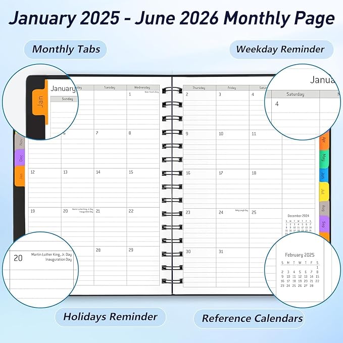 Daily Planner 2025-2026 - 18 Month Planner with Tabs, Calendar Yearly Monthly Weekly Spiral Time Management Planner, January 2025 - June 2026, Flexible Cover, 100GSM Thick Paper, A5 Size, Black