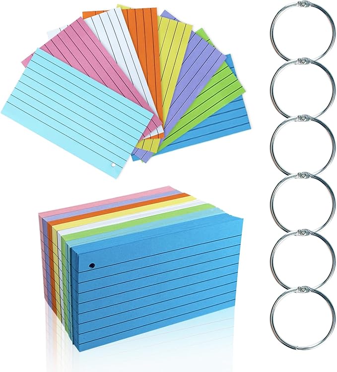 TFLFL Index Cards 3x5 Inch, 600PCS Flash Cards with Rings 8 Colors Ruled Index Cards, Assorted Lined Colored Flashcards, Thin Note Cards Paper, Study Card Memo Scratch Pad for Home Office School