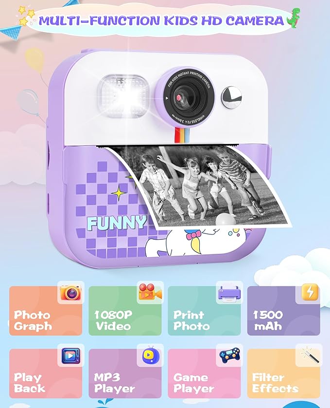 Instant Print Camera, Birthday Day Gifts for Kids Girls Boys, 1080P HD Digital Video Kids Camera, Girls Toys Age 4 5 6 7 8 9 10 Years Old with 32GB SD Card, Purple