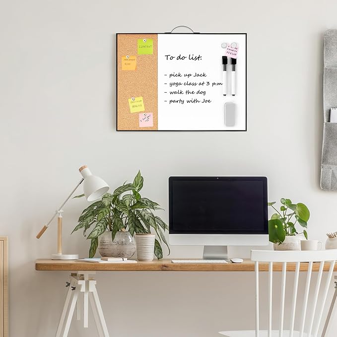 Small Cork Board Whiteboard Combo - 12" X 16" Portable Aluminum Black Framed Magnetic Dry Erase Board for Wall, Mini Bulletin CorkBoard with a Handle for Office, Home and School