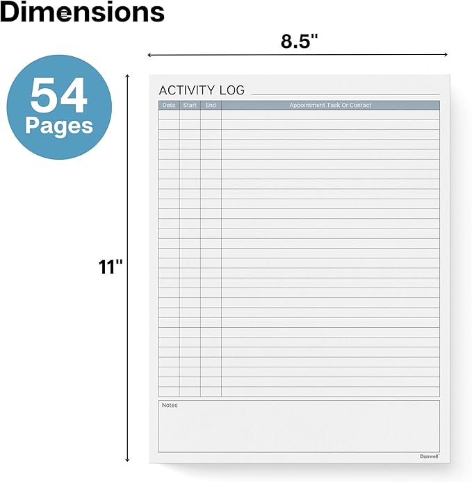 Dunwell Activity Log Notepad (8.5x11"), 54 Sheets, Time Sheet Log Book Note Pad, Undated Desktop Planner Pad for Daily Tasks, Desk Planner Task Log for Home or Office