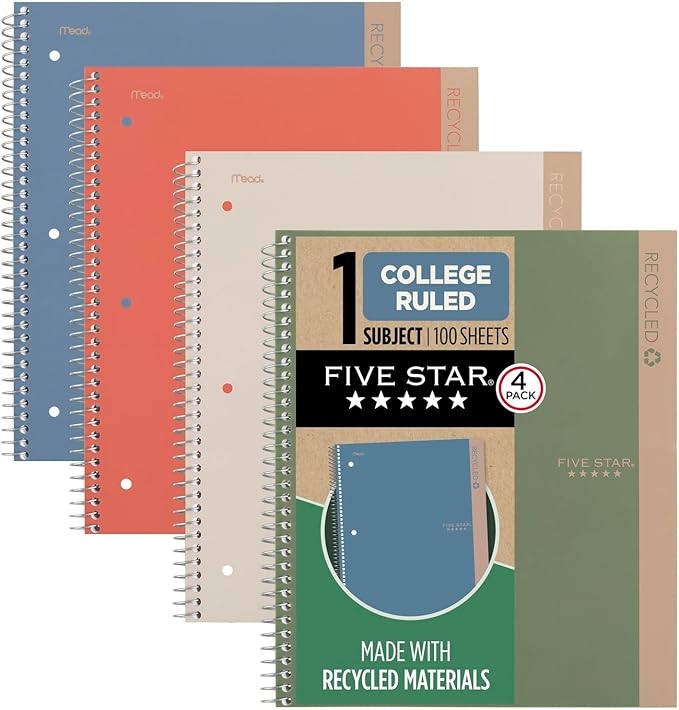 Five Star Spiral Notebooks + Study App, Recycled Cover, 4 Pack, 1 Subject, College Ruled Paper, 8-1/2” x 11", 100 Sheets per Notebook, Zion Clay, Olympic Green, Glacier Blue, Smoky Gray (820046)
