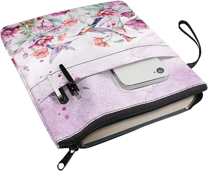 COEQINE Hummingbirds Book Covers for Bibles Hardcover Purple Floral Book Sleeves with Zipper Washable Protector Book Lovers Book Cloth