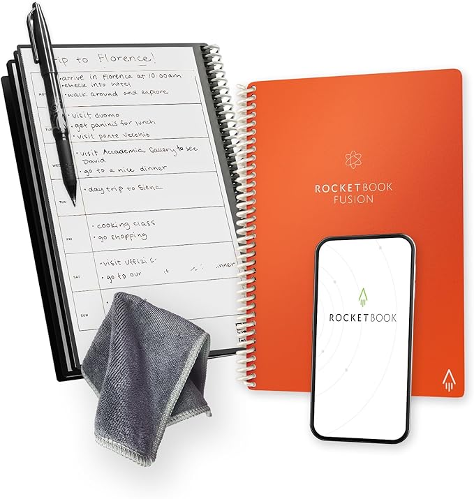 Rocketbook Fusion Reusable Undated Productivity Planner, Executive Size 6x8.8, Orange - Goals, Monthly and Weekly Calendar, Daily To-do List, Lined and Dotted Notes Pages