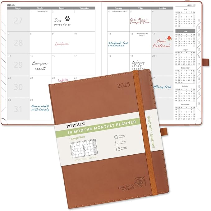 POPRUN Monthly Planner 2025-2026 (Large- 8.5" x 10.5" Soft Cover), 18-Month Calendar Book (January 2025-June 2026), Calendar Planner with Monthly Tabs & Pocket, 100 GSM Paper - Brown