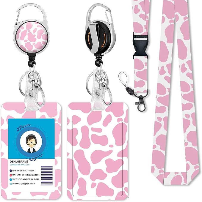 Cute Cow Badge Reel Retractable Heavy Duty with 360 Degrees Rotate Carabiner Clip, ID Badge Holder with Detachable Lanyard, ID Holder ID Clip Name Badge Keychain, Nurse Teacher Offfice Gifts