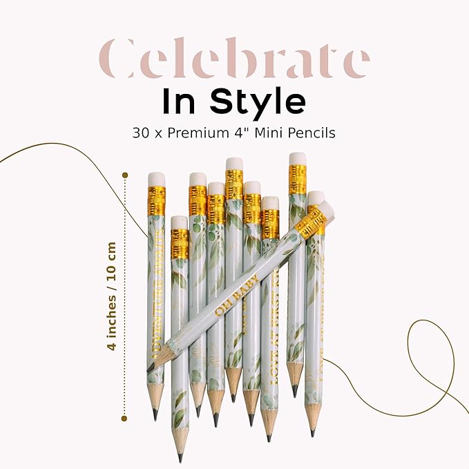 Markt Mini Pencils For Baby Shower Games For Girl Or Boy, Heart Pencils, Small Pencil Set (Greenery, Eucalyptus)