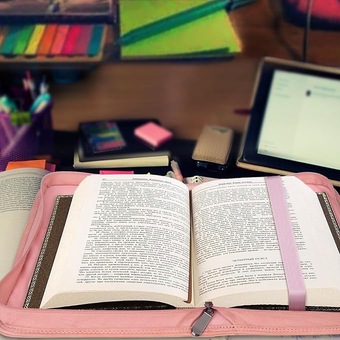 Bible Covers for Women, Leather Bible Study Case with Bookmark for Girls, Bible Supplies Carrying Bag Tote with Strap,Personalized Book Organizer Bag for Journaling Bible-Pink