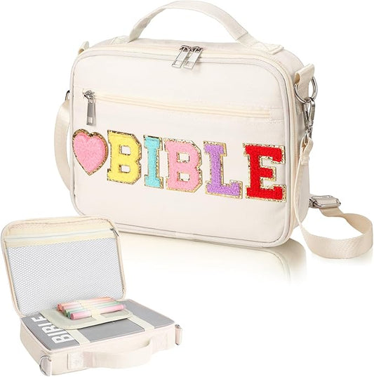 Silkfly Large Chenille Letter Bible Cover for Women Preppy Patch Bible Case Church Bible Bag with Handle(White)