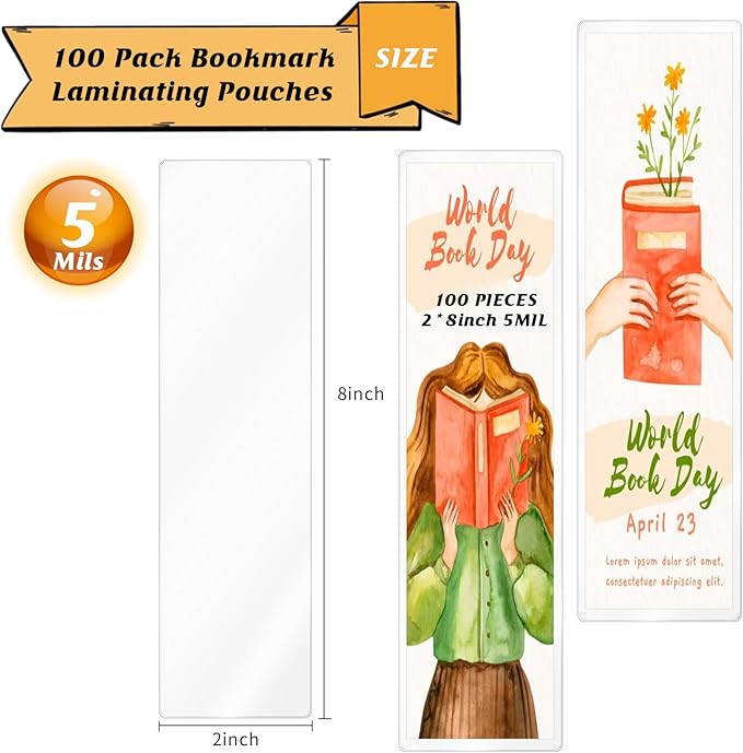 100Pieces Bookmark Laminating Pouches 2 * 8inch Hot Laminator Sleeves 5 Mil Compatible with Most Pouch Laminating Machines for Book Lovers Nature Lovers