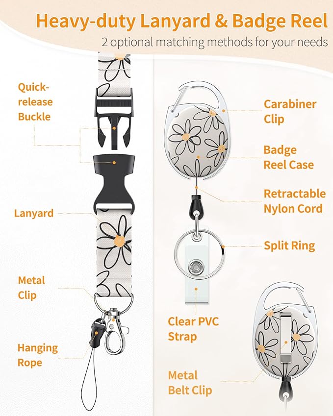 Uniclife Floral Sliding Badge Holder White Flower Plastic Case with Retractable Badge Reel Carabiner Clip & Detachable Lanyard Strap Fashionable Vertical Card Protector for Women Nurse Teacher Student