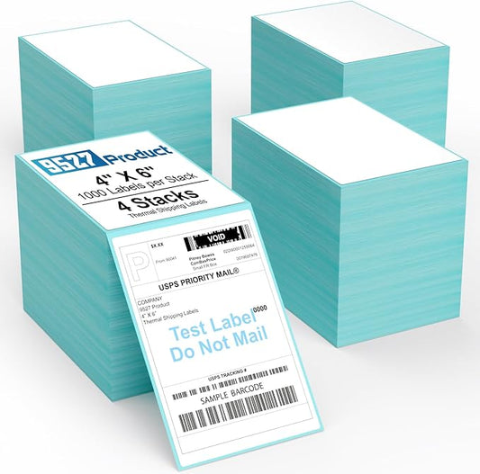 9527 Product Fanfold 4 x 6 Direct Thermal Labels with Blue Background Paper Perforated Shipping Labels for Thermal Printers, 1000 Label per Stack, 4 Stacks 4000 Label
