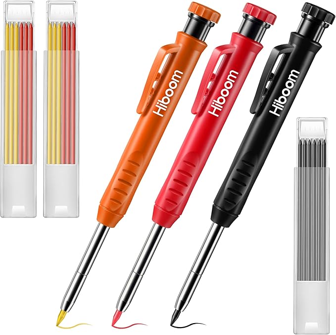 Hiboom 3 Pack Solid Carpenter Pencil with 21 Refill, Long Nosed Deep Hole Mechanical Pencil Marker with Built in Sharpener for Carpenter, Design Patent (Orange, Red, Black Cover)