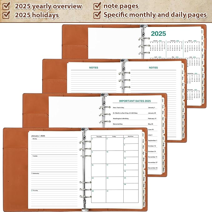 2025 Leather Planner A5 Leather 6 Ring Binder Planner Leather Binder Journal with Binder Pockets for Men and Women