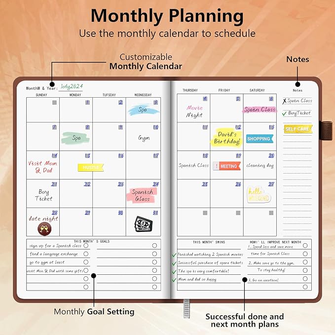 Upgraded Planner 2024-2025 A5, Undated Leather Hardcover Planner with Sticker Tabs, Organizer Notebook, Weekly Goals Planner, Daily Planner, To Do List, Habit Tracker, Aesthetic, School or Office