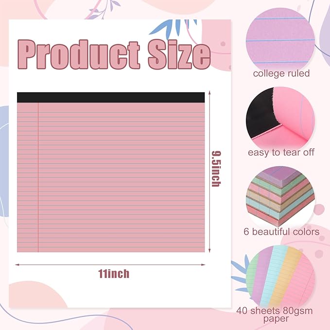 Lincia 12 Pcs 11" x 9.5" Legal Pads College Ruled Notepad Landscape Notebook Horizontal Lined Notebook 80 Gsm Assorted Colors Paper Pastel Writing Pads for School Office, 40 Sheet (Candy Color)