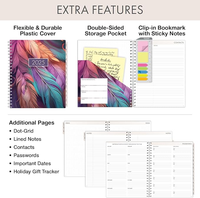 Essential PRO 2025 Daily, Weekly & Monthly Planner, 8.5"x11": 14 Months (Nov 2024 - Dec 2025) Monthly Tabs,Daily Tracking,Notes Pages,Storage Pocket,Bookmark w Sticky Notes (Pastel Peacock)