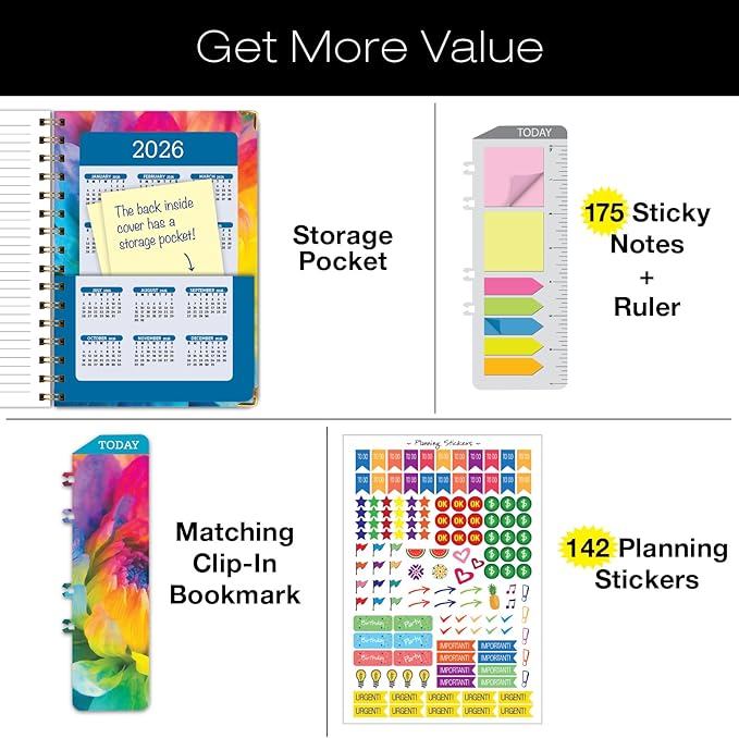HARDCOVER 2025 Planner, 7"x9": 14 Months (November 2024 - December 2025), Daily Weekly Monthly Planner, Yearly Agenda, Bookmark, Pocket Folder and Sticky Note Set (Rainbow Petals)