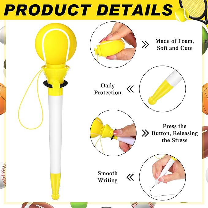 Lincia 24 Pcs Sport Funny Pen Hoop Ballpoint Novelty Bulk Plastic Sports Soccer Basketball Baseball Football Tennis Golf Themed Pen for Birthday Party School Award Party Favor Supplies(Tennis)