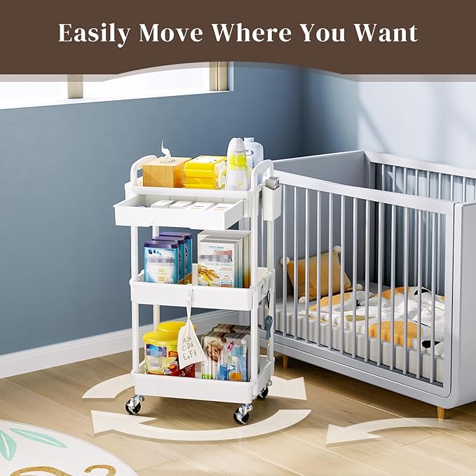 Rolling Utility Cart with Drawer 3 Tier, Utility Storage Organizer with Plastic Shelf & Lockable Wheels Multifunctional Storage Cart for Kitchen, Bathroom, Office, Living Room, White