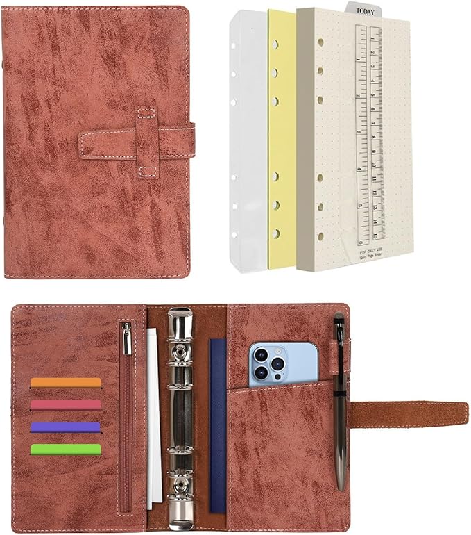 Wonderpool Leather Journal Refillable Binder A6 Writing Notebook Folder Organiser with Dotted Paper & Multi Pockets Cover for Business School Travel (A6, Brown)