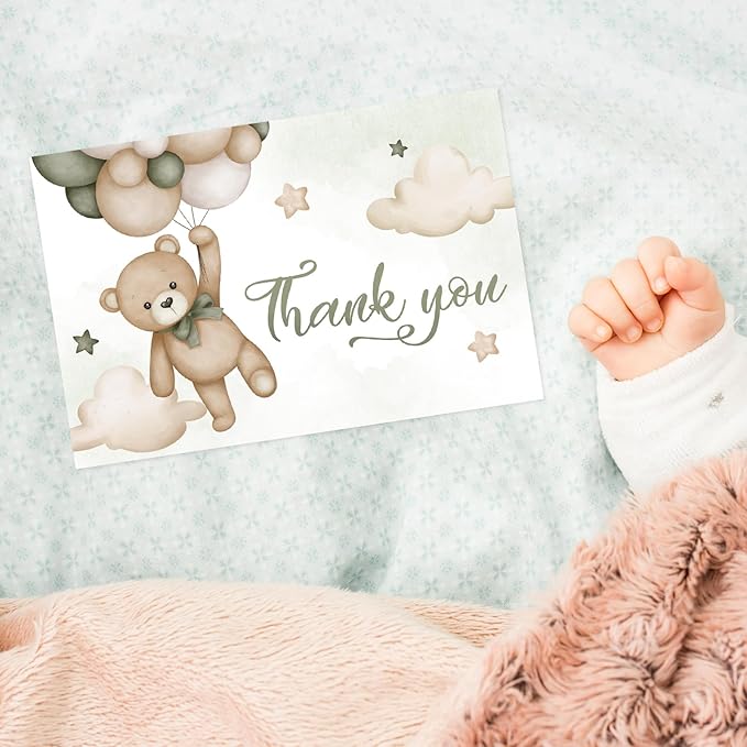Whaline 24 Pack Bear Thank You Cards Green Bear Balloon Greeting Cards with Envelopes Stickers Cute Cartoon Blank Note Cards for Party Invitation Supplies, 4 x 6 Inch