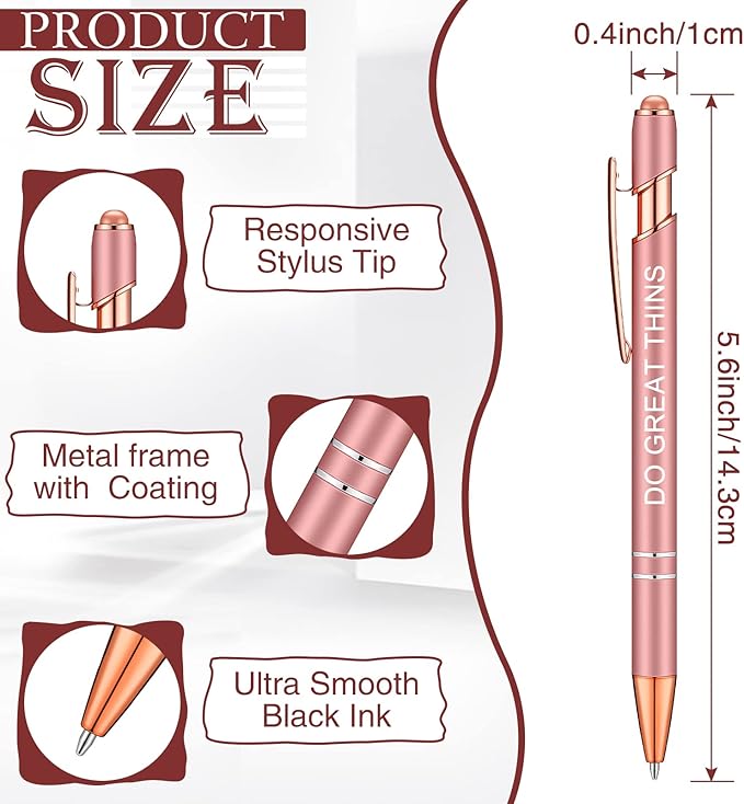 Zonon 12 Pieces Inspirational Pens Bulk Easter Basket Stuffers Motivational Quotes Ballpoint Pens with Stylus Tip Inspirational Gifts for School Office Teachers(Rose Gold,Motivational Style)