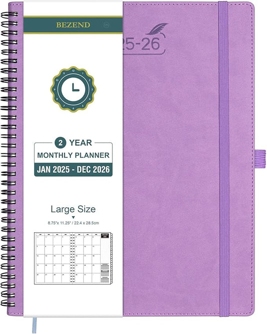 BEZEND Monthly Planner 2025-2026, Large size, 2 Year Monthly Calendar 8.5" x 11" - 120 GSM Thick Paper - Spiral Planner with Pockets, Tabs, Calendar with Note Sections, Pen Loop, Softcover - Lavender