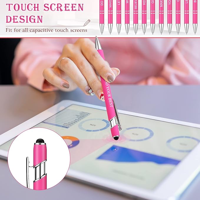 Zonon 12 Pieces Inspirational Pens Bulk Easter Basket Stuffers Motivational Quotes Ballpoint Pens with Stylus Tip Inspirational Gifts for School Office Teachers(Pink,Boss Lady)