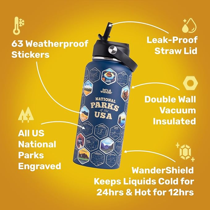 LET'S WANDER National Parks Water Bottle with Waterproof Stickers - 32oz Leakproof Insulated Stainless Steel with Straw - Parks of the USA Hiker Bucket List Gift Bottle [BLUE]