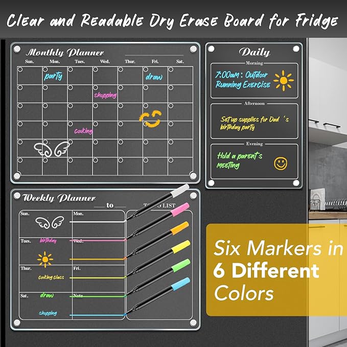 DIYMAG 3Pcs Acrylic Magnetic Dry Erase Calendar for Fridge, Clear Acrylic Calendar Planning Board Set Magnetic Weekly Monthly Planner Menu for Refrigerator with 6 Highlight Markers