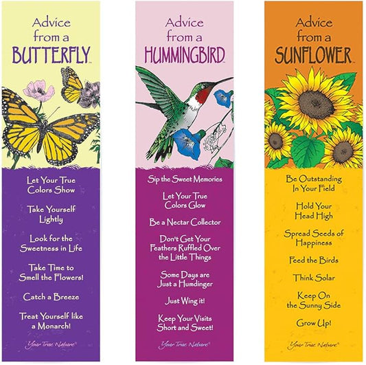 Advice from Nature 3 Bookmark Beauty Set, Laminated with Glossy Finish, Printed on Recycled Paper - Butterfly, Hummingbird, Sunflower (AMBM-BEAUTY)