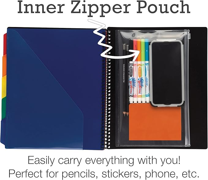 Samsill 2 Pack 10 Pocket Project Organizer with 5 Dividers,File Folders Letter Size,Customizable Front Cover,Inner Zipper Pouch,Erasable Write-On Tabs in Assorted Colors, Plastic Folders with Pockets