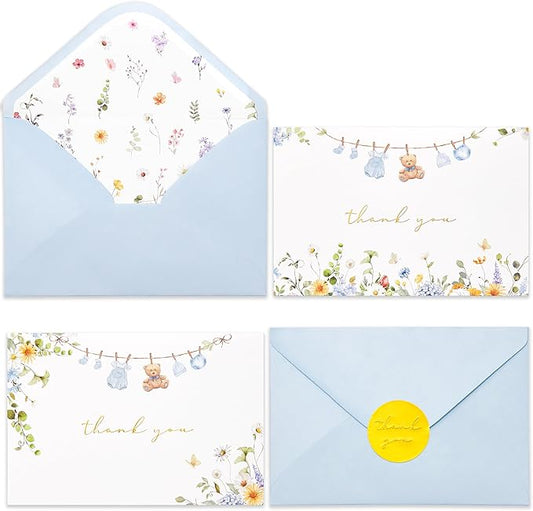 Crisky Baby Shower Blue Gold Thank You Cards (50 Pack) with Envelopes & Stickers Boy Baby Shower Greeting Cards Bulk, Watercolor Delicate Wildflower for Baby Shower Party