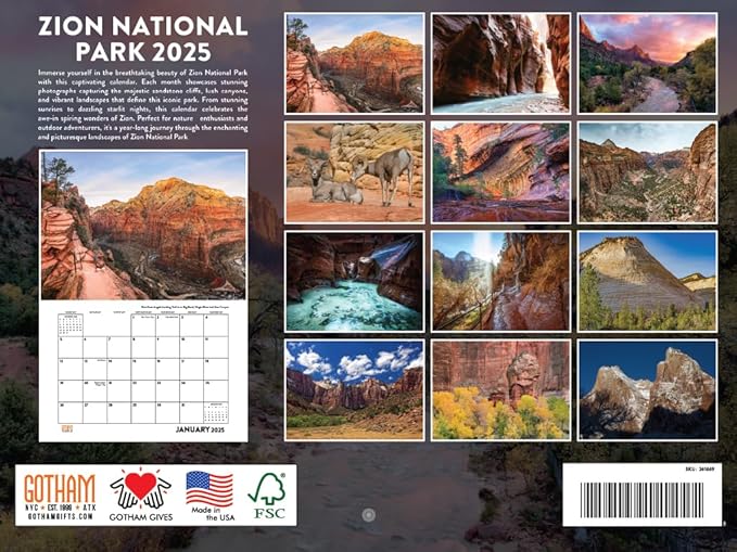 Zion National Park Calendar 2025 Monthly Wall Calender Utah Nature 12 Month | American Made In The USA