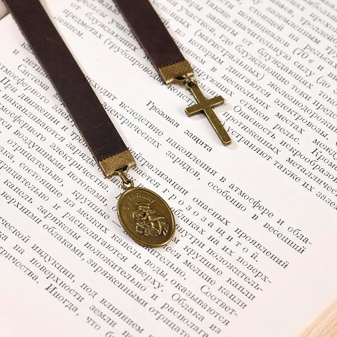 Bookmarks, Handmade Retro Cross Bible Bookmark with Long Leather Straps, Christian Saint Book Mark, Ideal Christian Gift (Style 5)