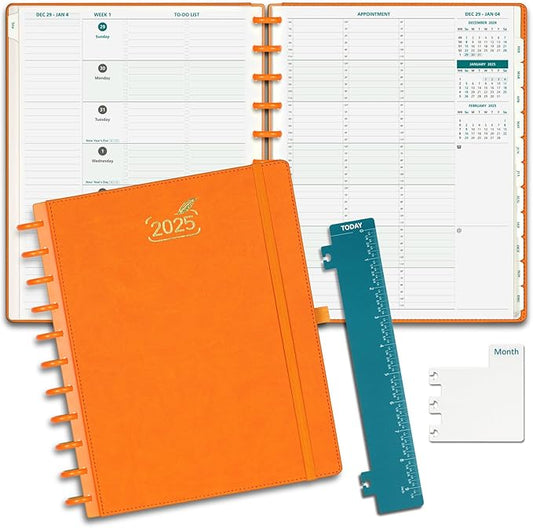BEZEND 2025 Weekly Monthly Planner Disc-Bound, 8.5" x 11", Appointment Book 12 Months Agenda, Large Calendar Book with To Do List, Hourly Time Slots, Removable Pages, Tabs, Inner Pocket - Orange