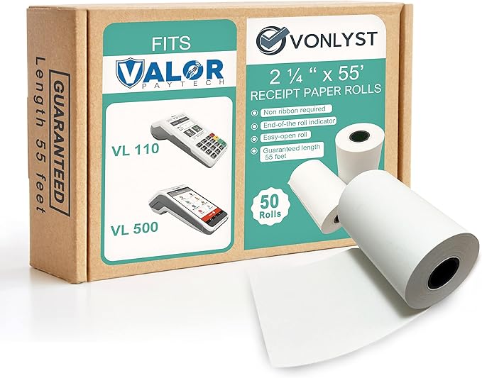 Receipt Paper Roll for Valor Paytech VL 110 and VL 500 Credit Card Machine (50 Rolls)