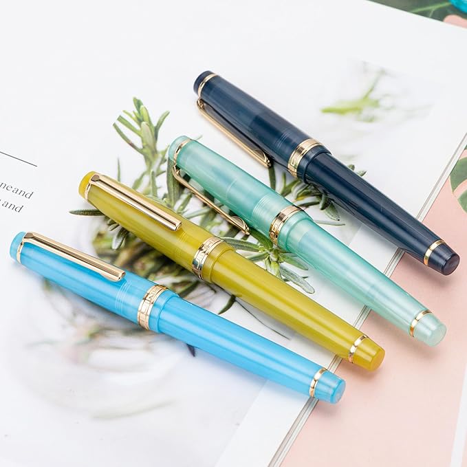 Jinhao 82 Acrylic Fountain Pen, Iridium Fine Nib with Ink Converter, Transparent Sea Blue Classic Design Smooth Writing Pen (Gold Trim)