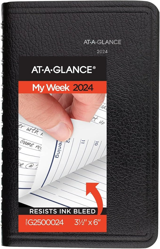 AT-A-GLANCE 2024 Weekly Planner, DayMinder, Hourly Appointment Book, 3-1/2 x 6", Pocket Size, Tabbed Telephone/Address Pages, Texture Cover, Black (G2500024)