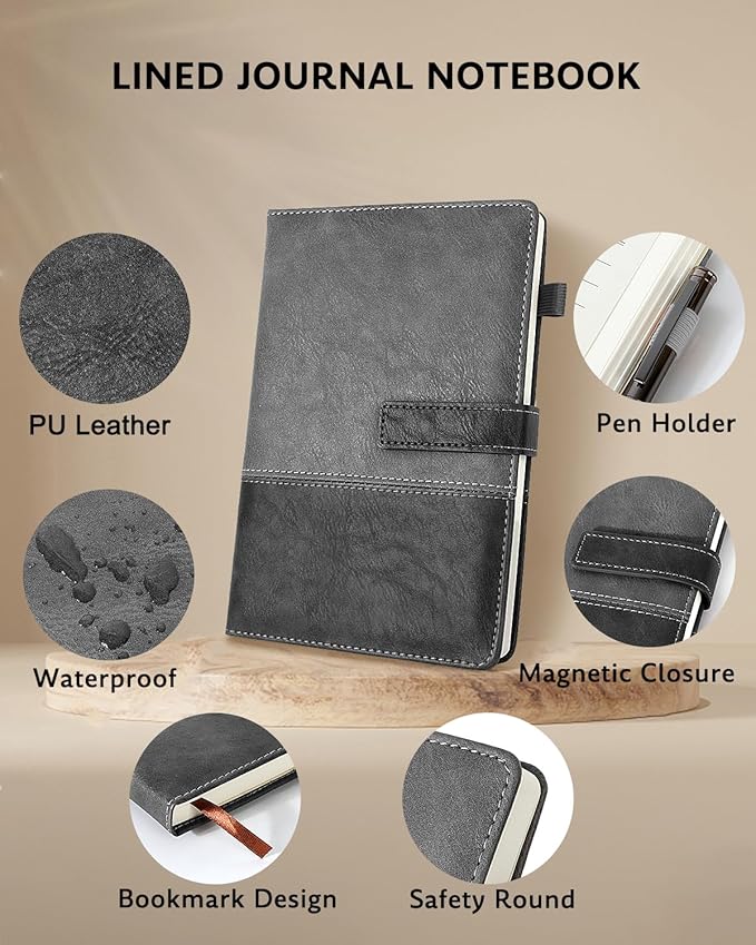 Leather Notebook Journal with Pen, A5 Lined Hardcover Notebook with Magnetic Closure, 240 Pages Daily Journal for Men Women, Ruled Journals Notebooks for Work, Writing, Note Taking - Black