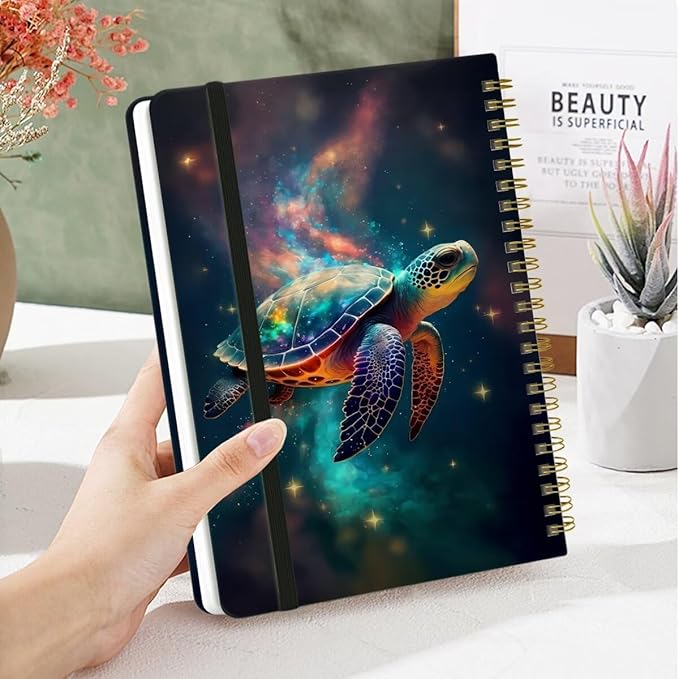 Spiral Notebook - A5 Spiral Notebooks, 8.3'' × 5.8'', 160 Pages, Aesthetic Journaling Notebooks for Women, College Lined Notebook with Elastic Closure, Back Pocket, for School Office, TurtleE