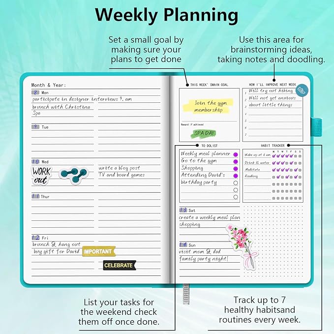 BLESWIN A5 Undated Planner, Undated Weekly Monthly Planner 5.7”x8.5”, Leather Weekly & Monthly Planner Undated, Organizer Planner for Work or Personal Use with Elastic Closure, Pen Loop, Stickers