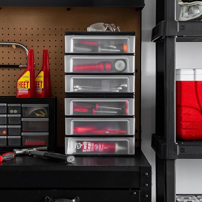 IRIS USA Plastic Stacking Desk Top 3-Drawer Storage Organizer, 2-Pack, for Makeup Vanity Nail Polish Bathroom Stationery Art Craft Supplies Kitchen Office Garage and Small Organization, Medium, Black