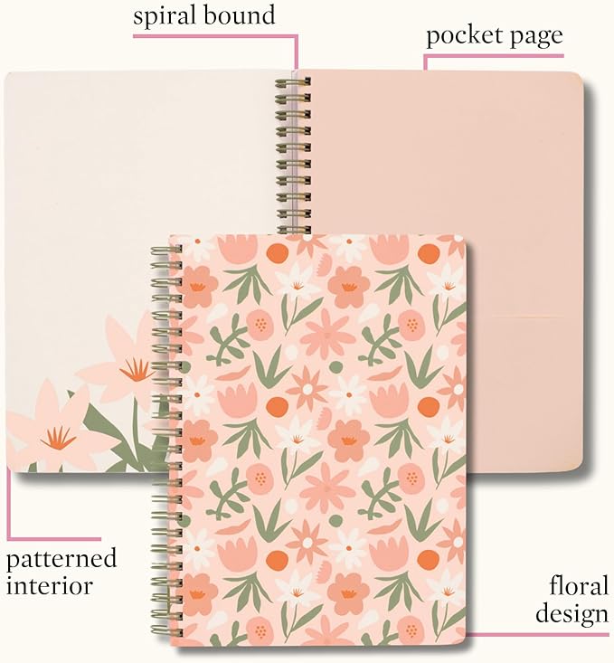 Steel Mill & Co Cute Mini Spiral Notebook, 8.25" x 6.25" Journal with Durable Hardcover and 160 Lined Pages, Star Floral, Blush